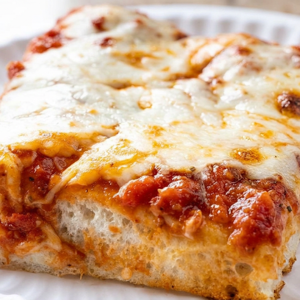 Thick rectangular slice of cheesy tomato pizza served on a white ridged plate.