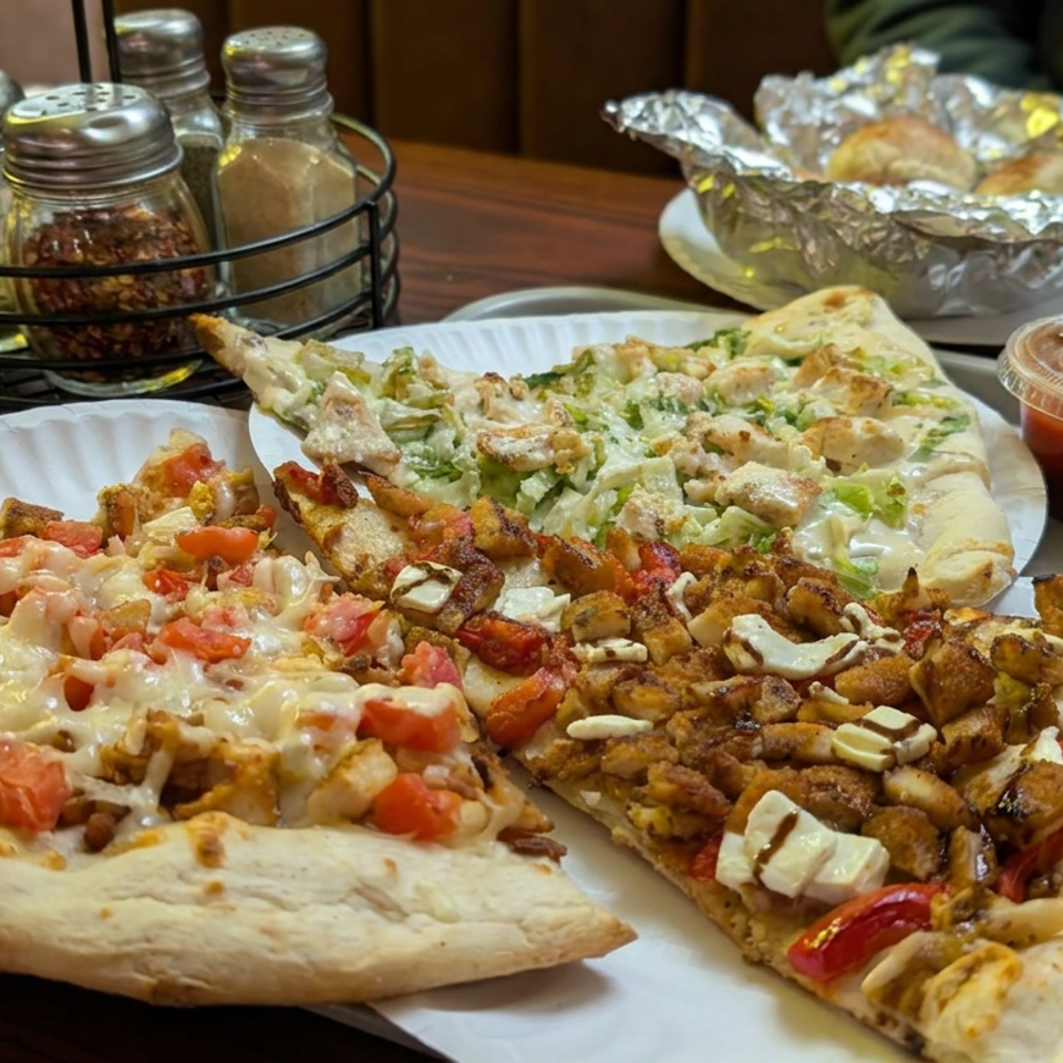 Three slices of loaded flatbread pizza with chicken, vegetables, cheese, and dipping sauce served on paper plates at a restaurant table.