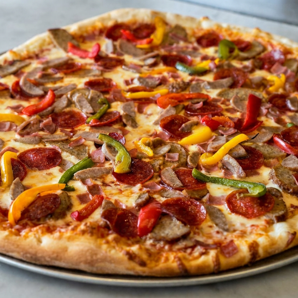 Large meat-lover’s pizza topped with pepperoni, sausage, ham, mushrooms, and colorful bell peppers on a metal tray.