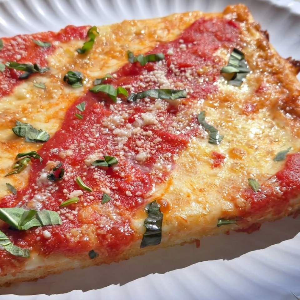 Square slice of Sicilian-style pizza topped with tomato sauce, melted cheese, grated Parmesan, and fresh basil on a white plate.