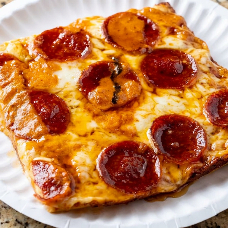Square pepperoni pizza slice with melted cheese on a white paper plate atop a speckled granite countertop.
