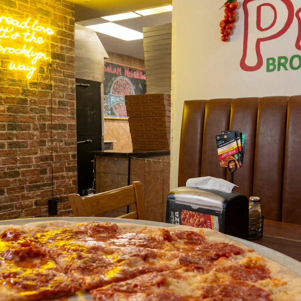 Pepperoni pizza fills a restaurant table beside a brown leather booth, brick walls, neon signage, and Brooklyn Pizza branding.
